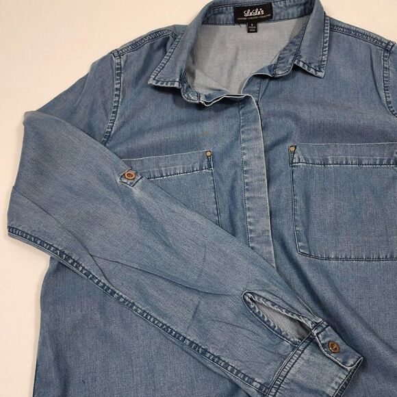 LULUS Blue Chambray - S - Long Sleeve Button Down Dress Tab Sleeves - Picture 7 of 9